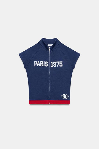 Top à fermeture zippée et texte