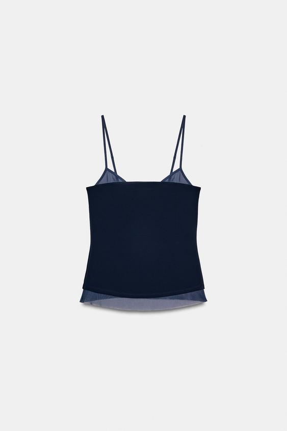 Top contrasté en tulle à bretelles