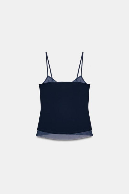 Top contrasté en tulle à bretelles