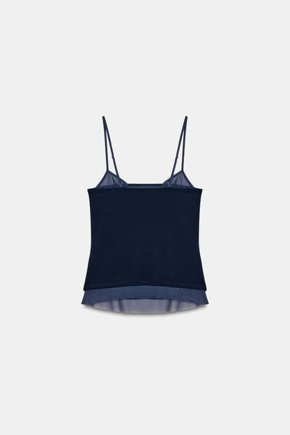 Top contrasté en tulle à bretelles