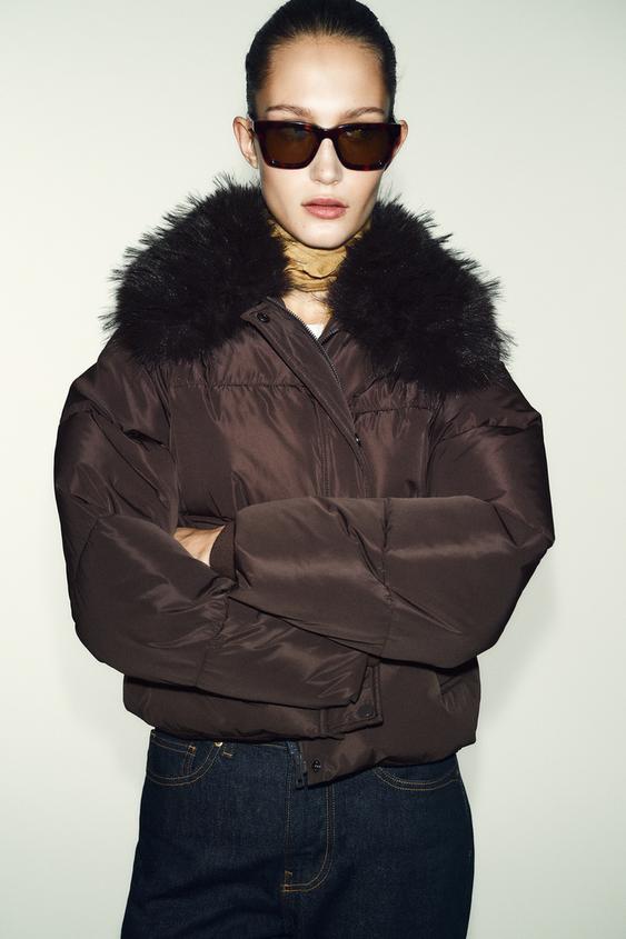 Veste bomber matelassée à revers effet fourrure