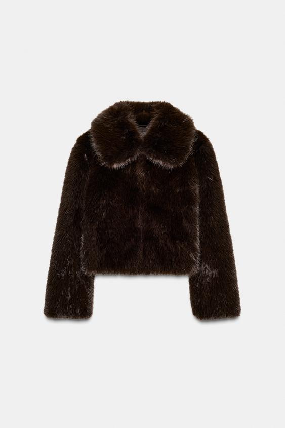 Manteau court effet fourrure à col revers