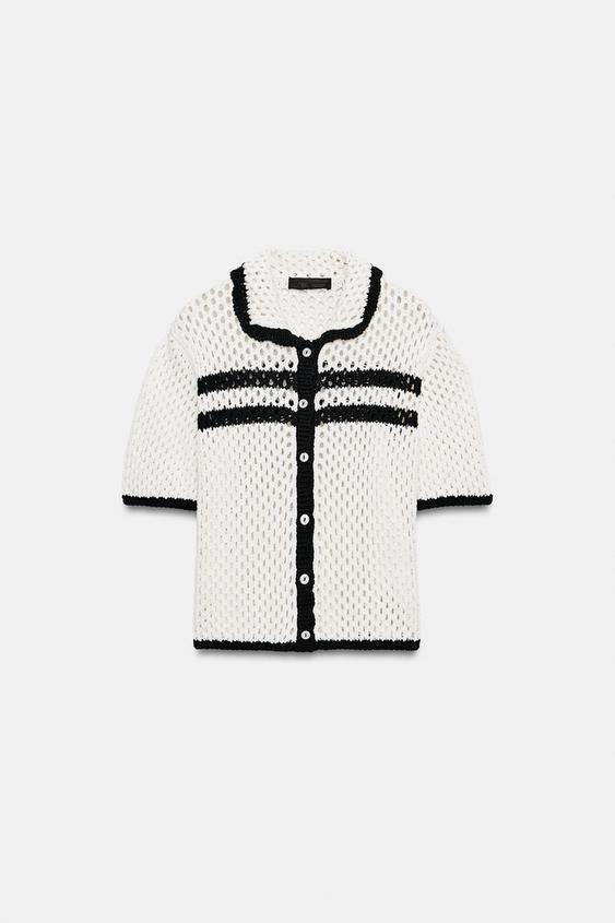 Veste en maille ajourée à manches courtes