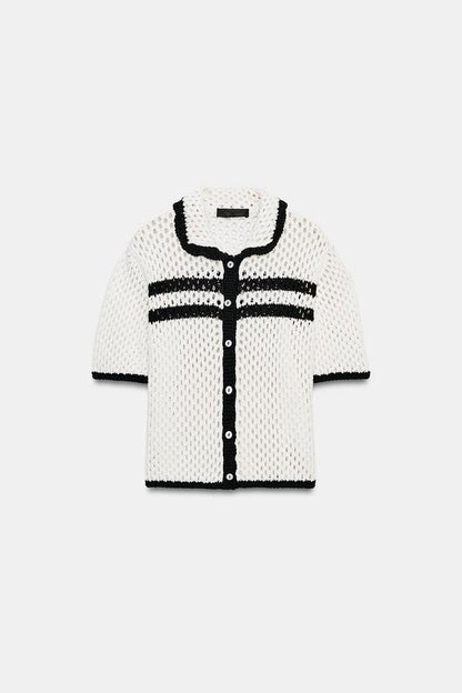 Veste en maille ajourée à manches courtes