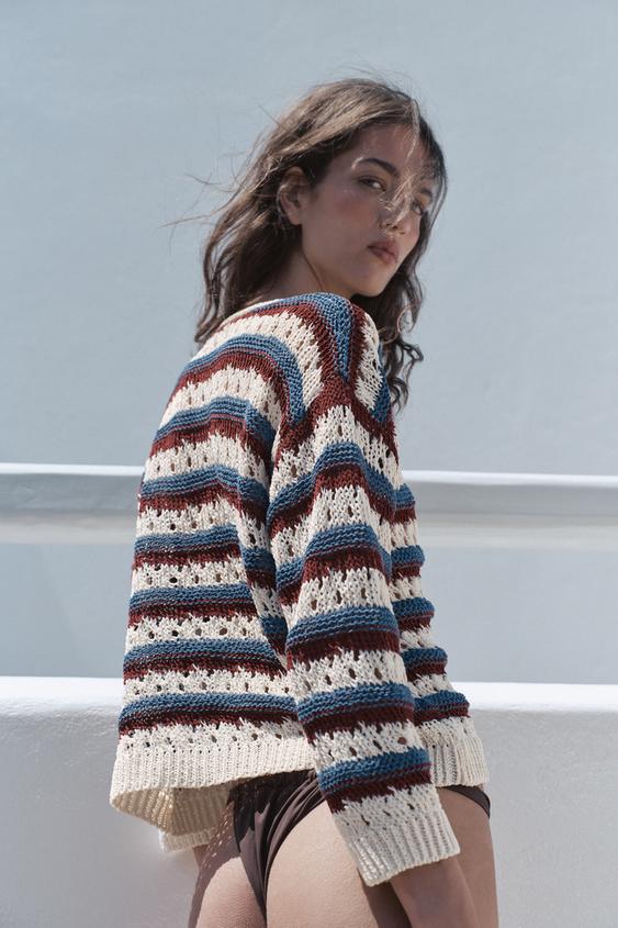 Veste à rayures en maille ajourée