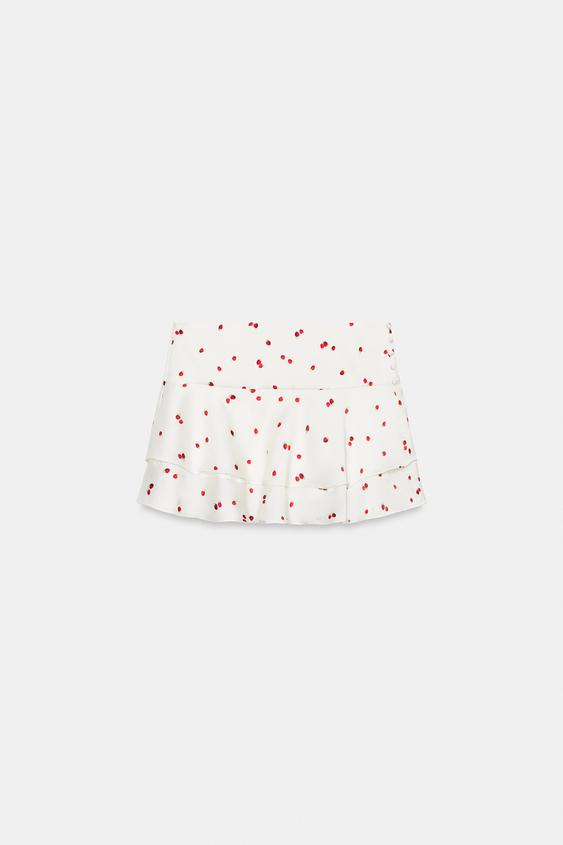 Jupe mini à volants à motif fraises
