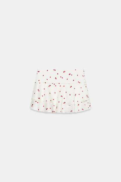 Jupe mini à volants à motif fraises