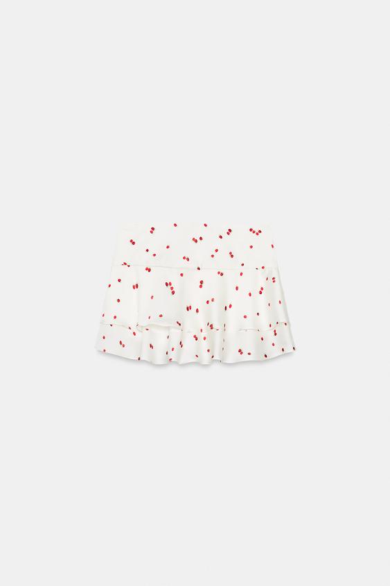 Jupe mini à volants à motif fraises