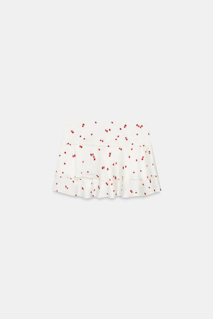 Jupe mini à volants à motif fraises