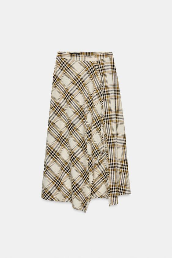 Jupe midi asymétrique à carreaux