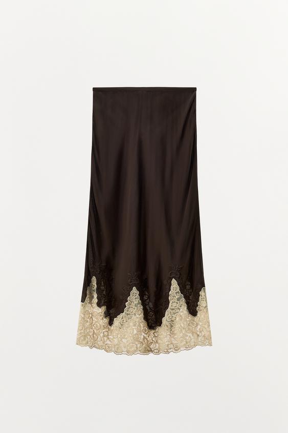 Jupe midi 100 % viscose brodée en dentelle