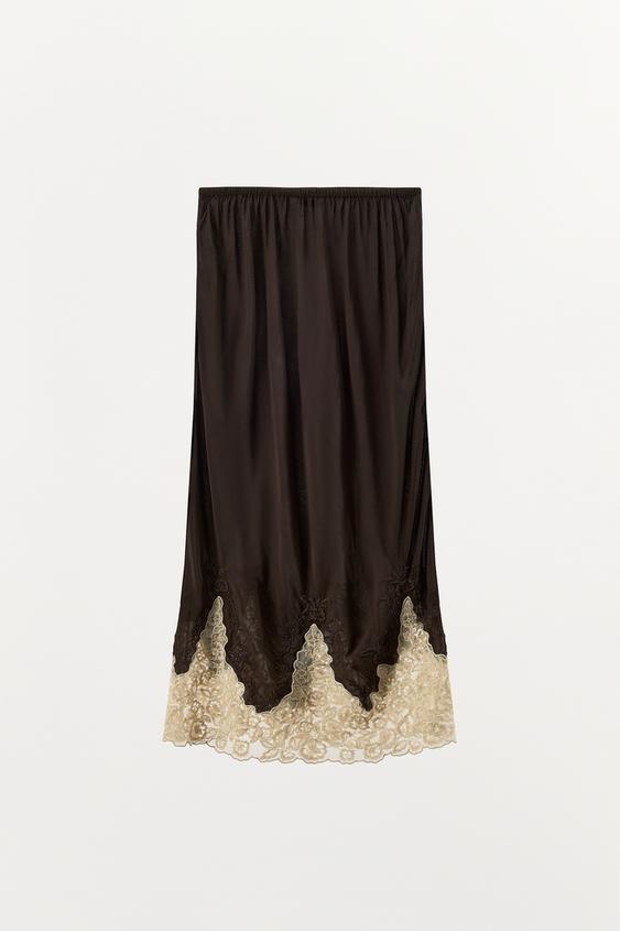 Jupe midi 100 % viscose brodée en dentelle