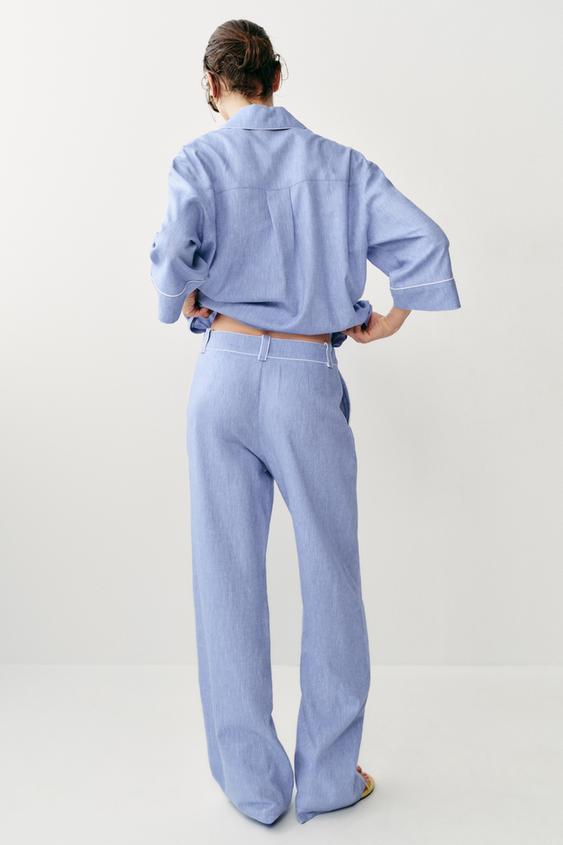 Pantalon en lin à détails passepoilés