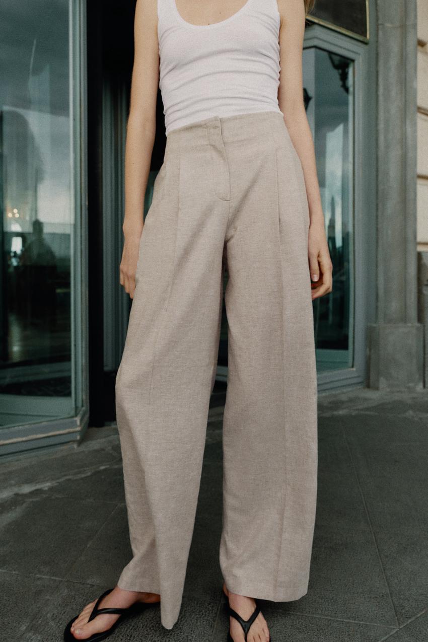 Pantalon droit à pinces en lin