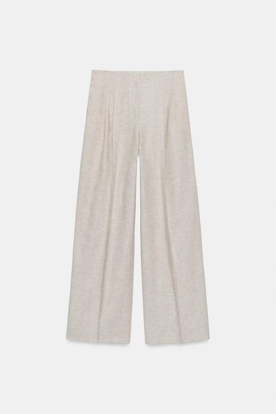 Pantalon droit à pinces en lin
