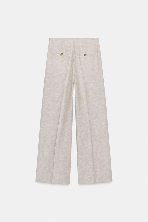 Pantalon droit à pinces en lin