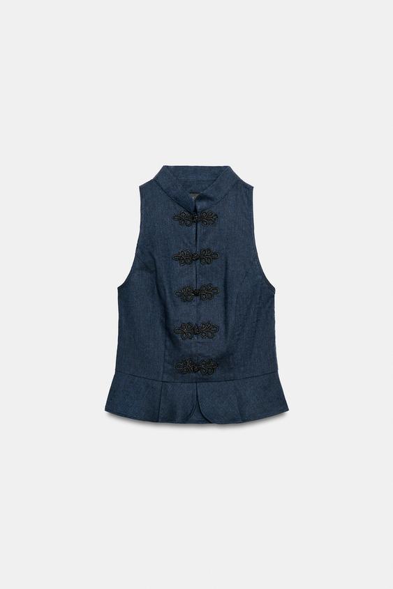 Top peplum à brandebourgs en lin