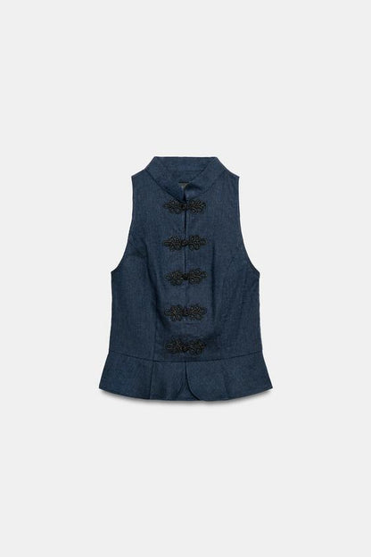 Top peplum à brandebourgs en lin