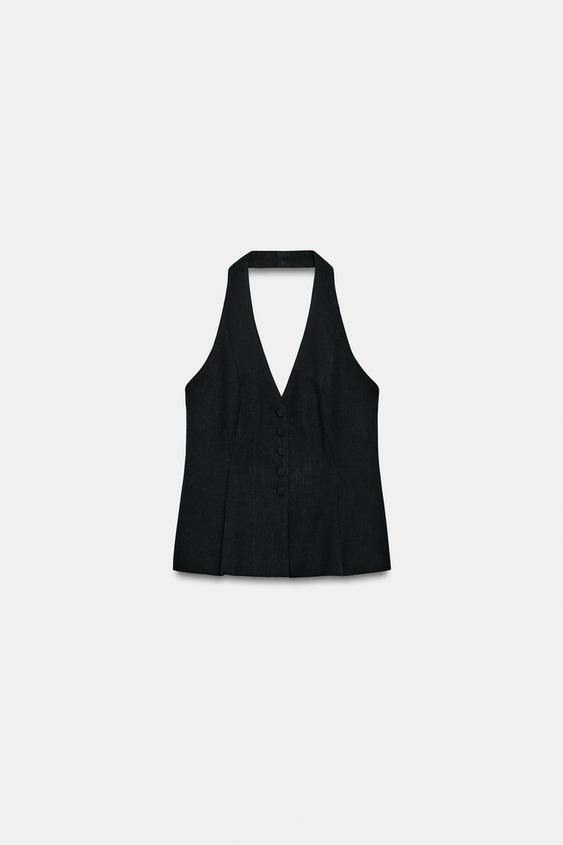 Top façon gilet à encolure dos-nu à bouton recouvert