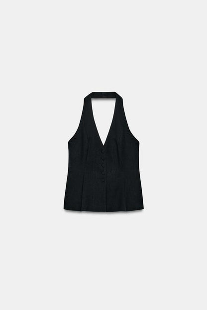Top façon gilet à encolure dos-nu à bouton recouvert