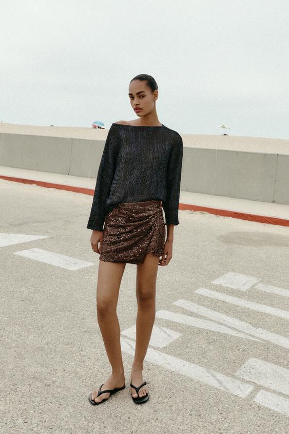 Jupe-culotte mini à sequins avec nœud