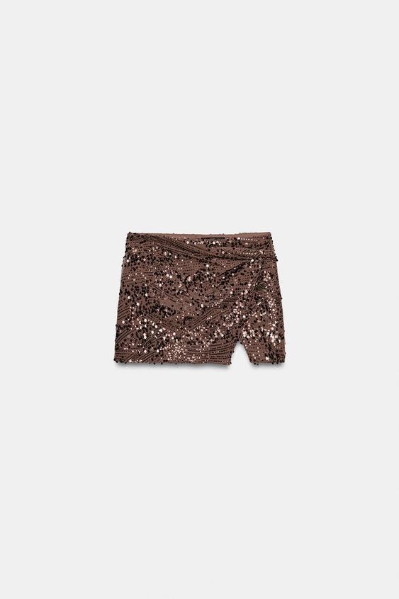 Jupe-culotte mini à sequins avec nœud