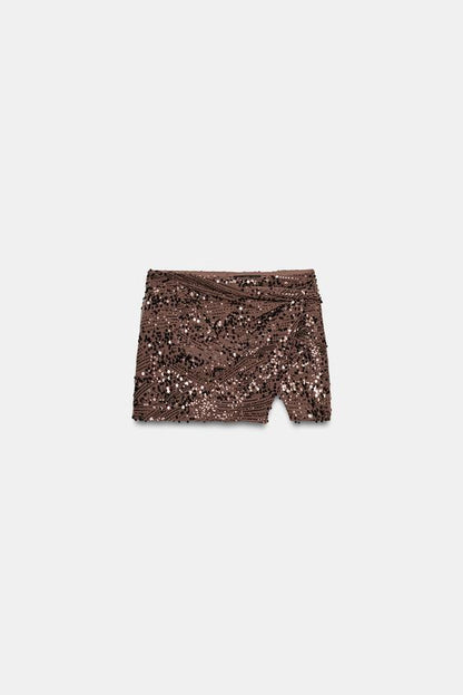 Jupe-culotte mini à sequins avec nœud