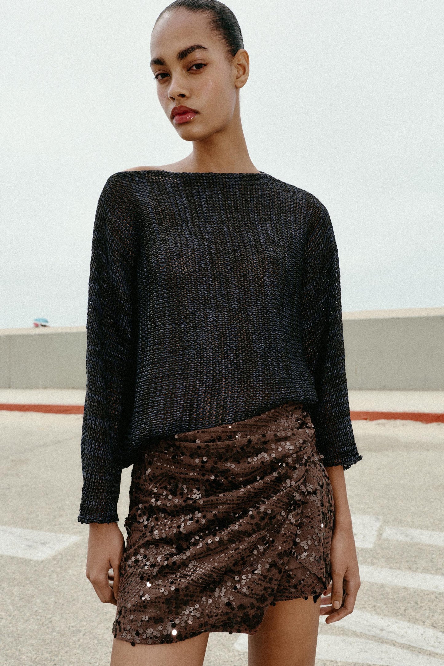 Jupe-culotte mini à sequins avec nœud