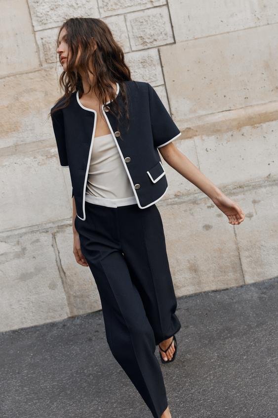 Pantalon droit à taille contrastée
