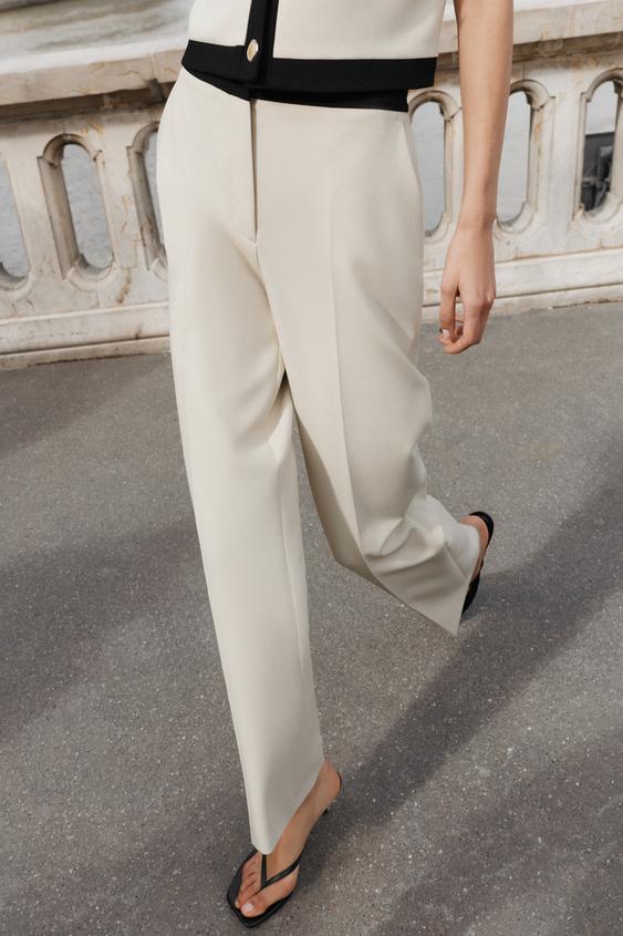 Pantalon droit à taille contrastée