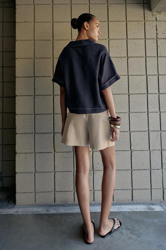 Chemise en lin à surpiqûres contrastées