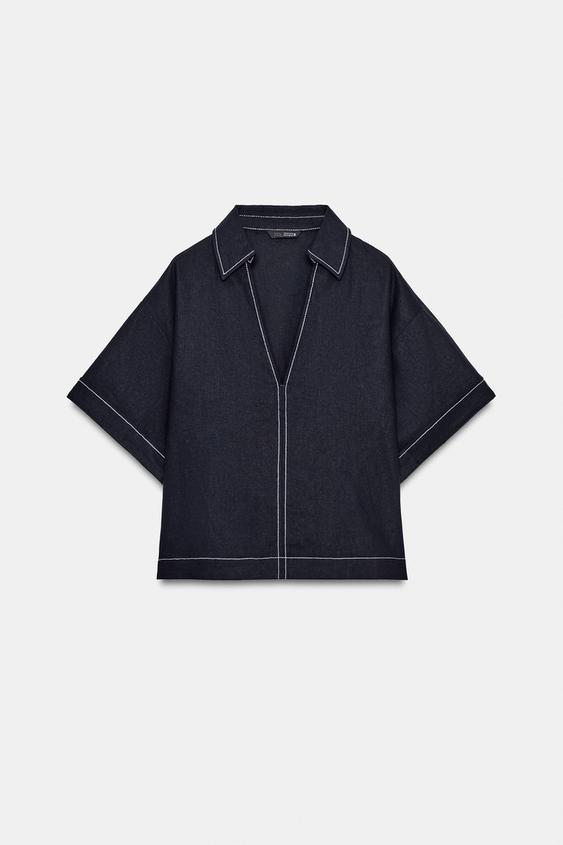 Chemise en lin à surpiqûres contrastées