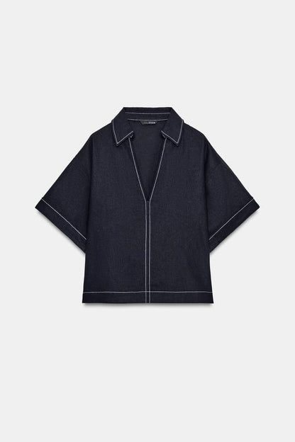 Chemise en lin à surpiqûres contrastées