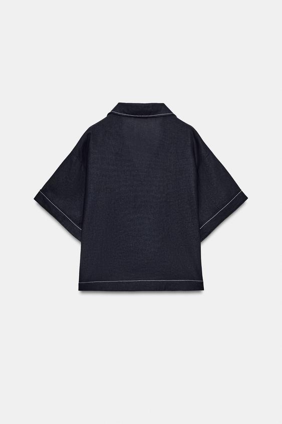 Chemise en lin à surpiqûres contrastées