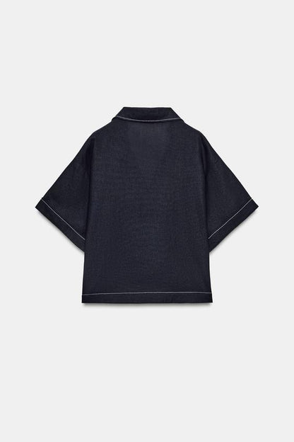 Chemise en lin à surpiqûres contrastées
