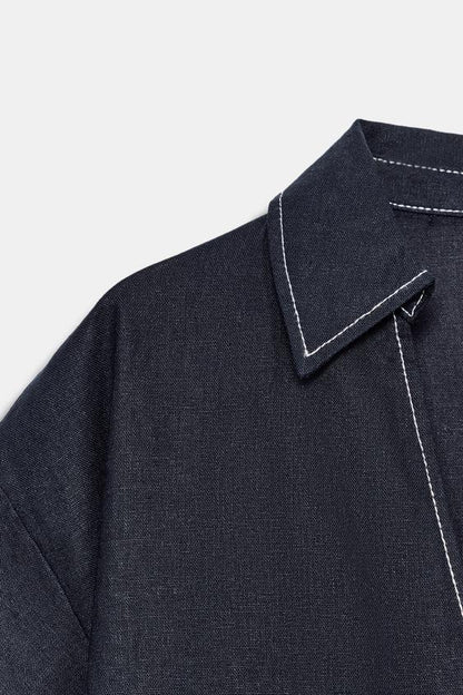 Chemise en lin à surpiqûres contrastées