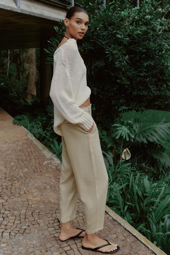 Pantalon carotte en lin à nervure