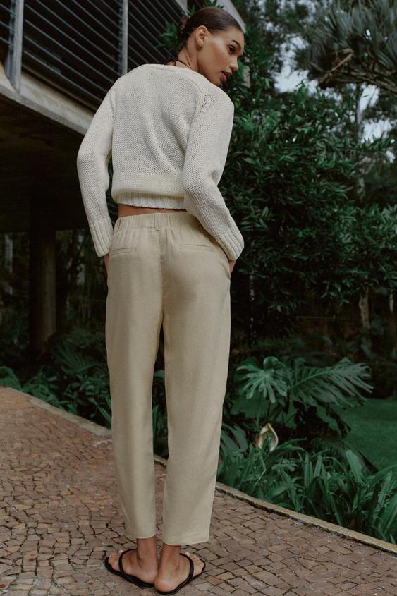 Pantalon carotte en lin à nervure