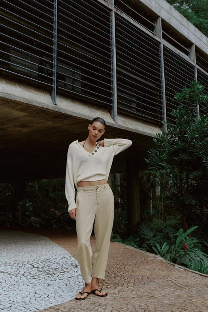 Pantalon carotte en lin à nervure