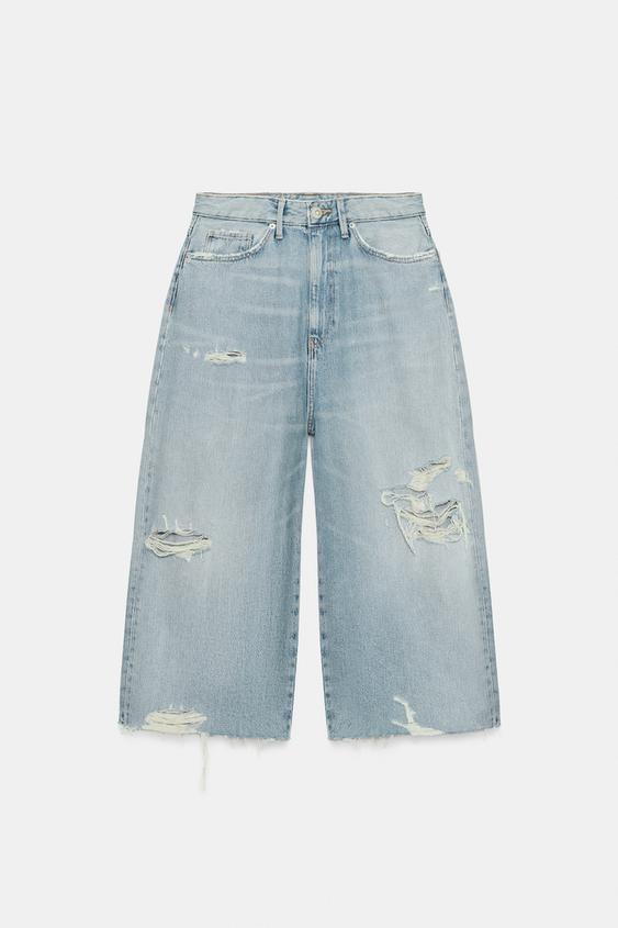 Jorts en denim TRF déchiré, taille mi-haute