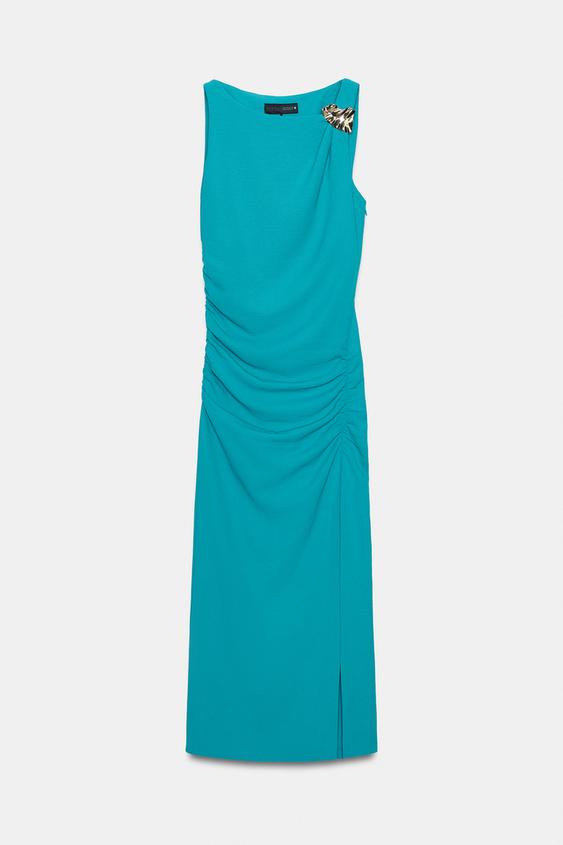 Robe midi drapée à application dorée
