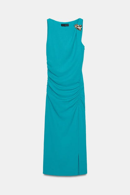 Robe midi drapée à application dorée