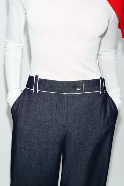 Pantalon large à passepoils contrastés