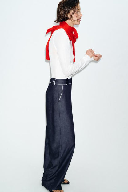 Pantalon large à passepoils contrastés